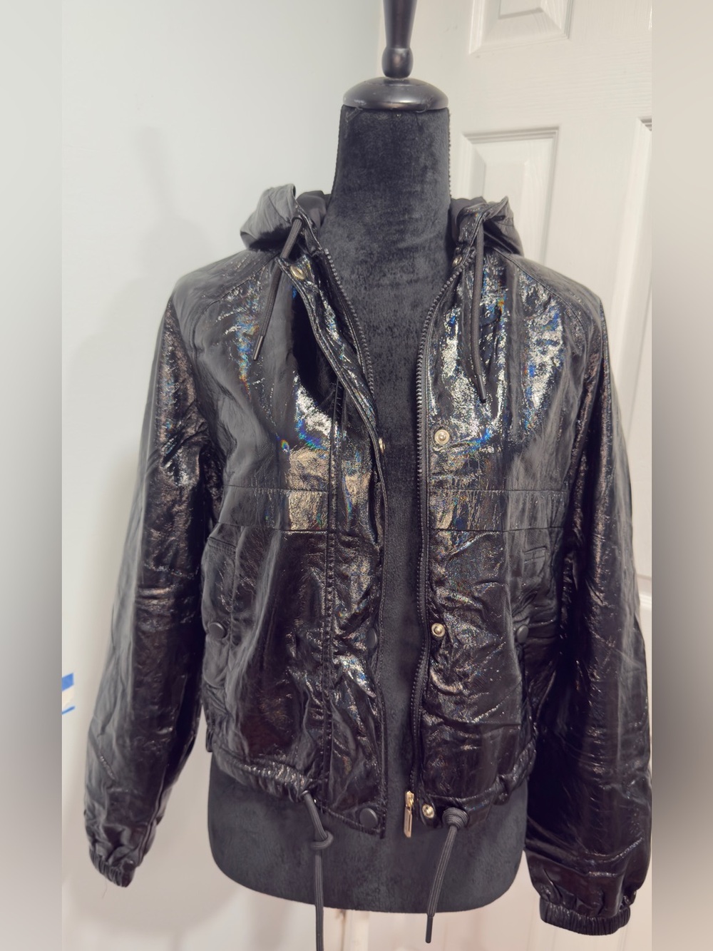 Armani Exchange Shiny Black Hooded Patent Bomber Jacket